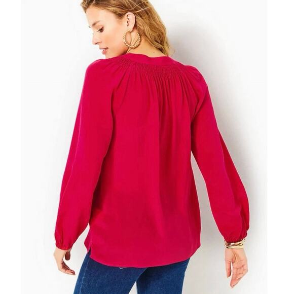 Lilly Pulitzer Elsa Silk Top in Poinsettia Red Sz XS 100% Silk Banded Sleeves - Picture 3 of 8